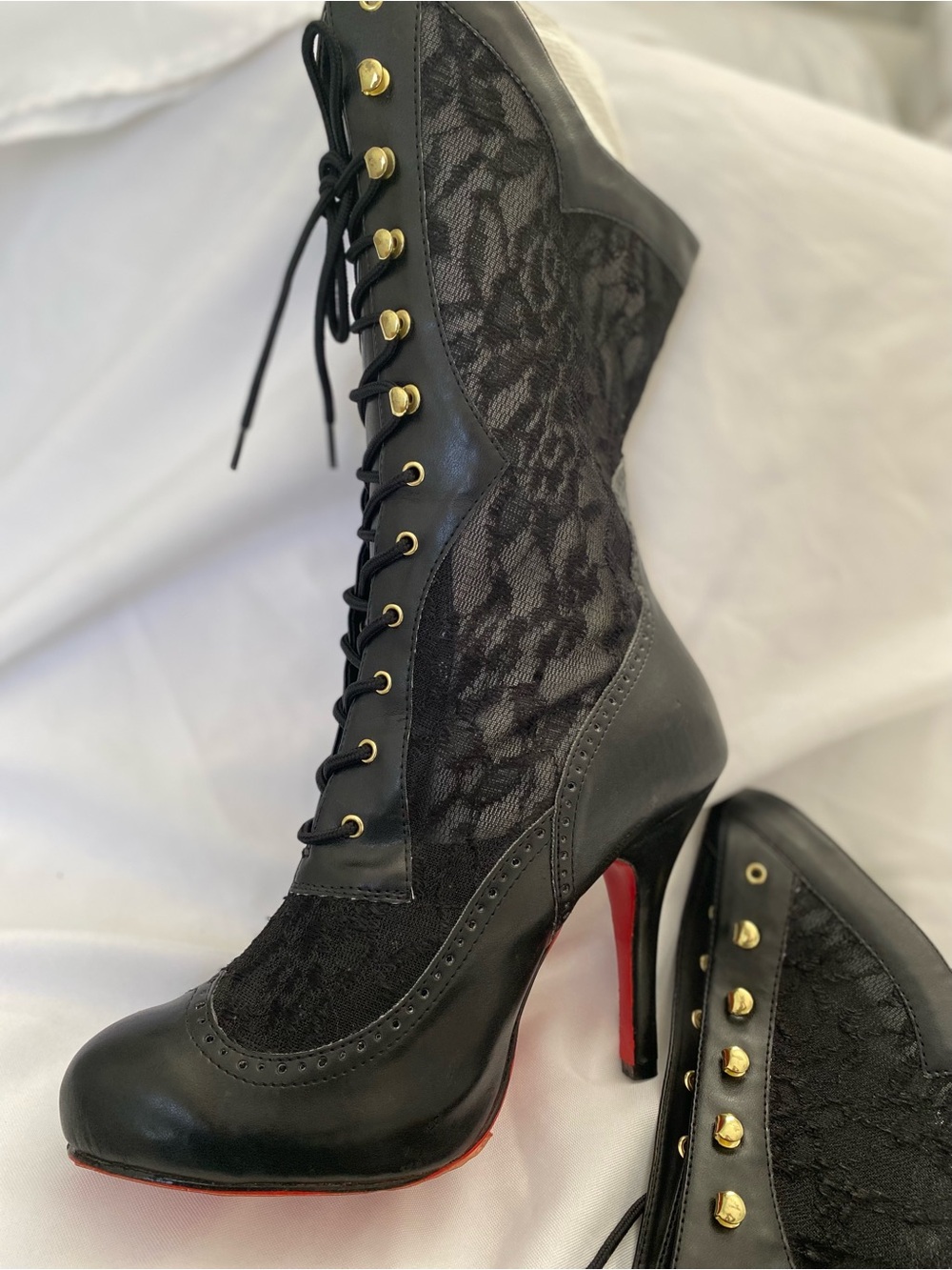Funtasma Black Lace Victorian-Inspired Lace-Up Heels with Red Soles